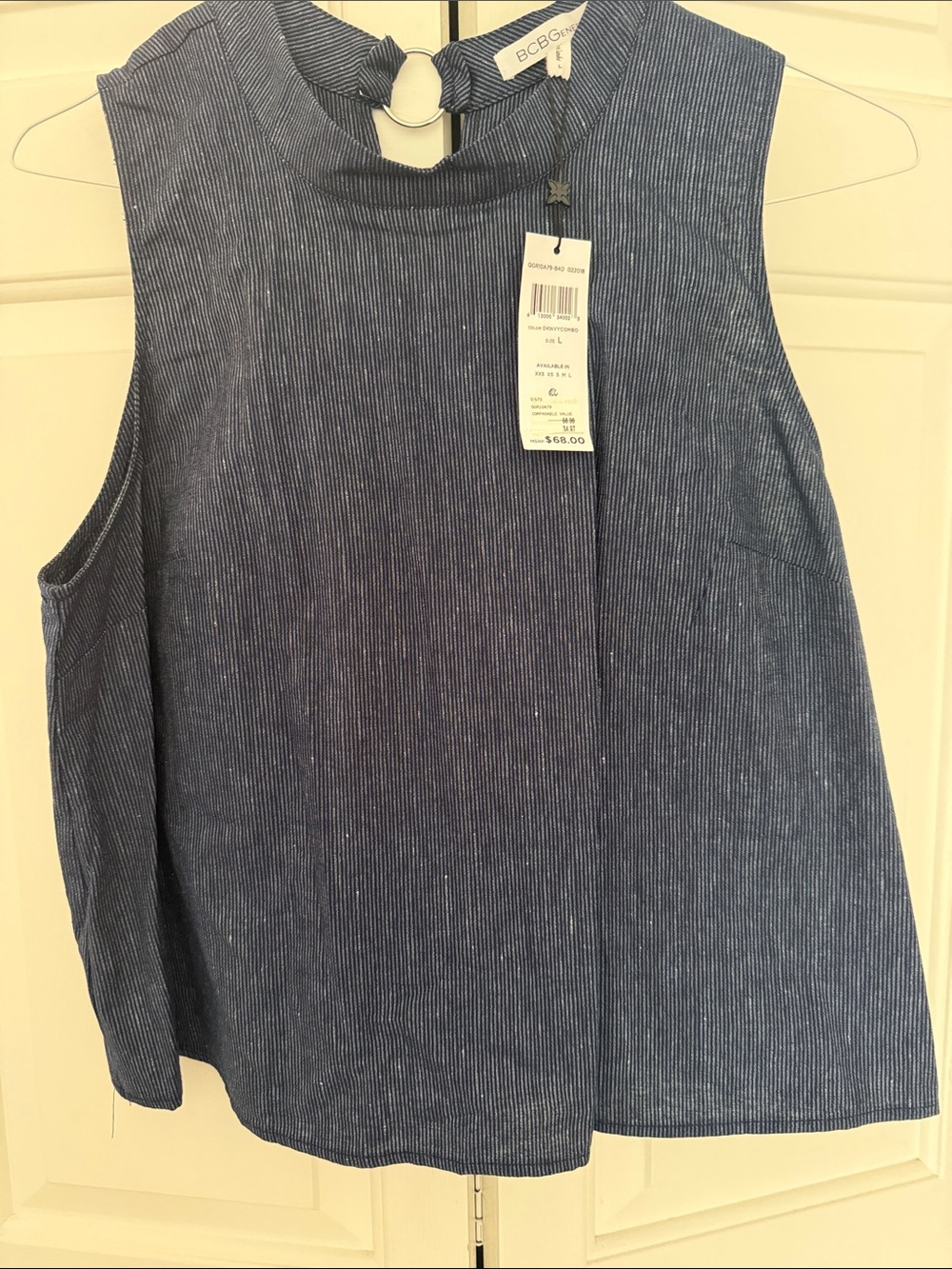 BCBGMaxAzria Blue Pinstripe Sleeveless Mock Neck Tank